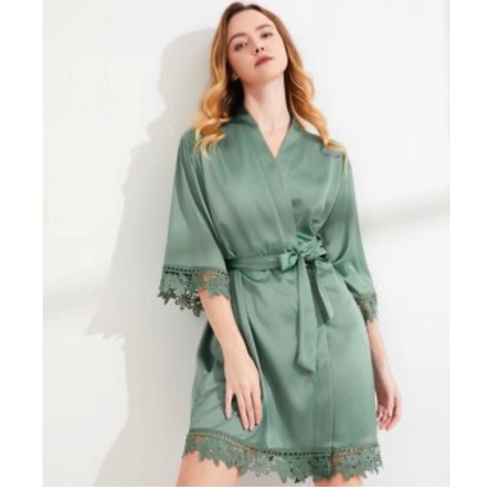 Seline Lounge Robe Elegant Green Lace Trim Robe Size 3X